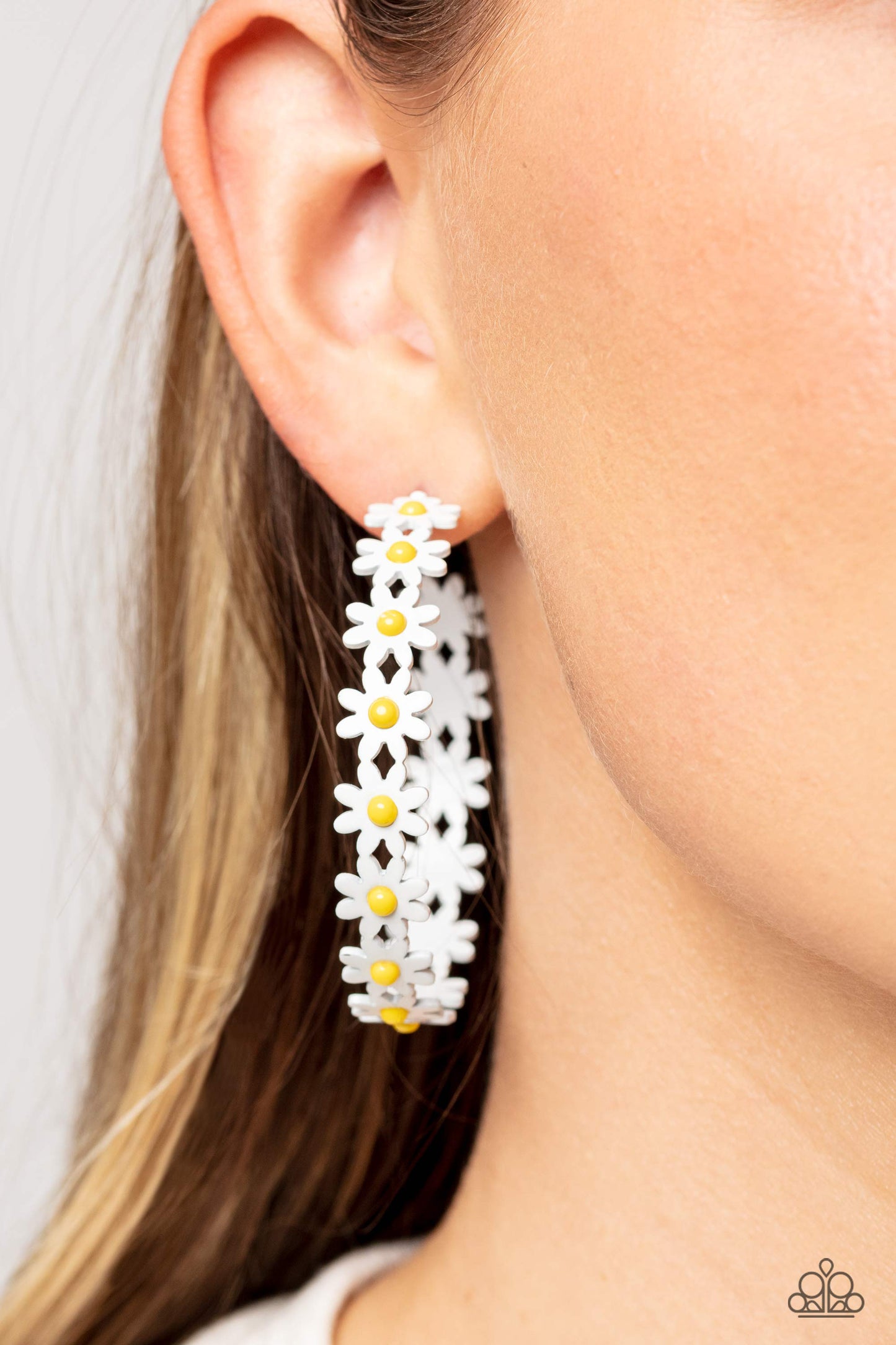 Daisy Disposition - White & Yellow Hoop Earrings