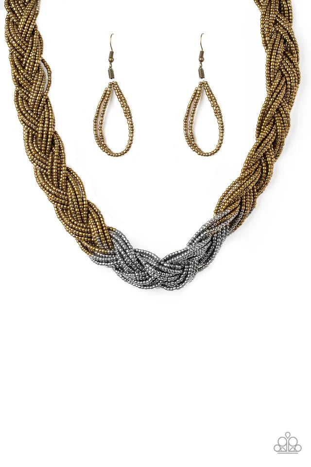 Brazilian Brilliance - Multi Brass & Silver Seed Bead Braided Necklace Set