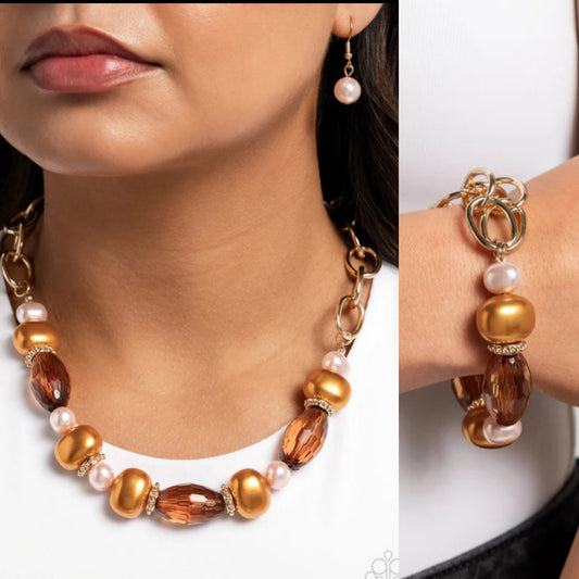 Pearly Patron - Gold Necklace & Bracelet Combo Set