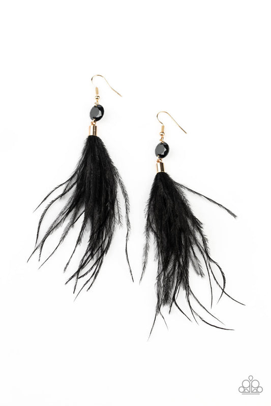 Feathered Flamboyance - Black & Gold Earrings - Princess Glam Shop