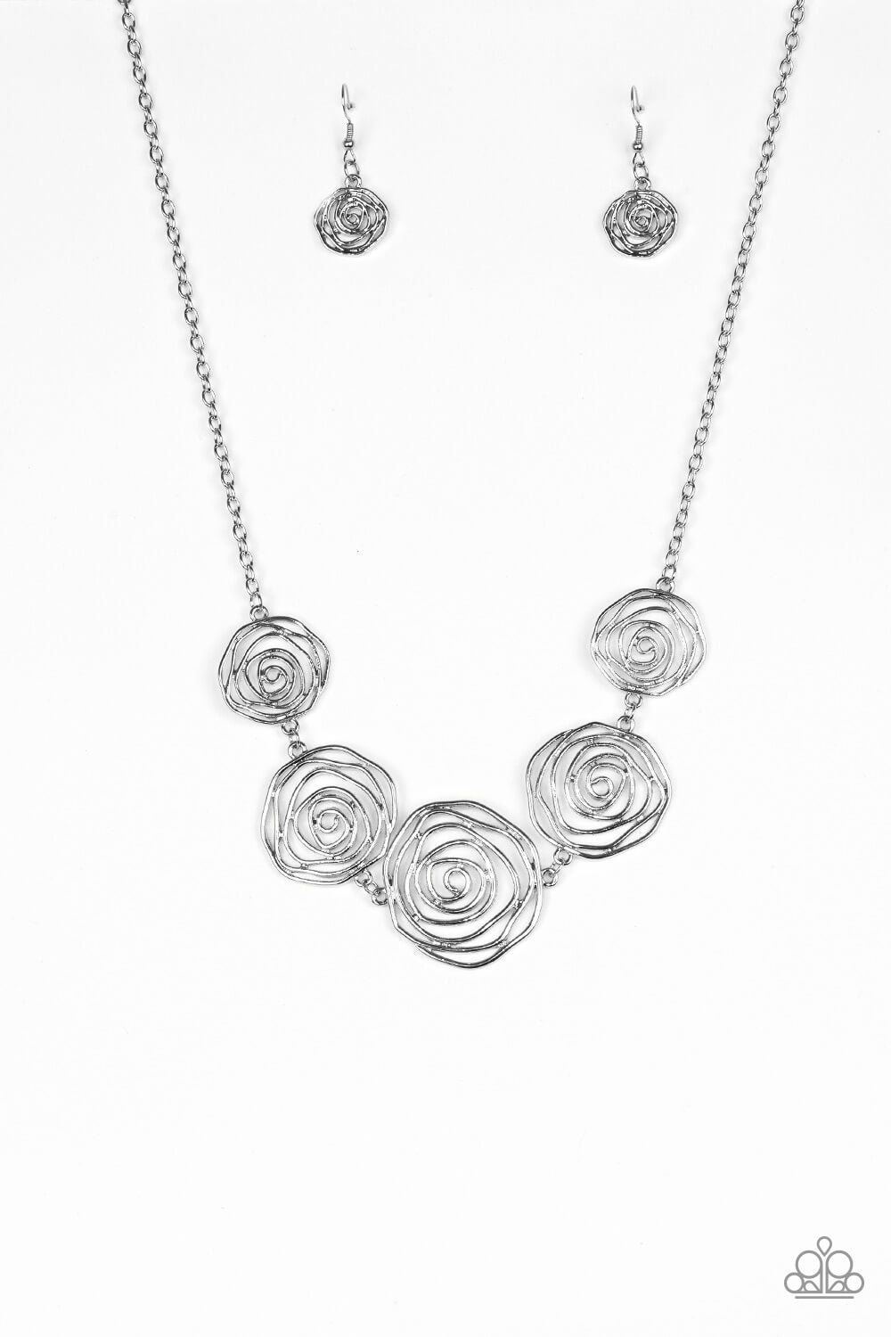 Rosy Rosette - Silver Rosebud Frame Collar Necklace Set & Bracelet Combo - Princess Glam Shop