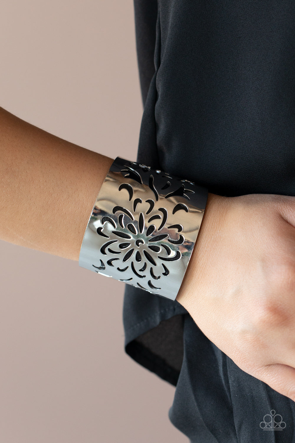 Get Your Bloom On - Black & Silver Cuff Bracelet - Princess Glam Shop