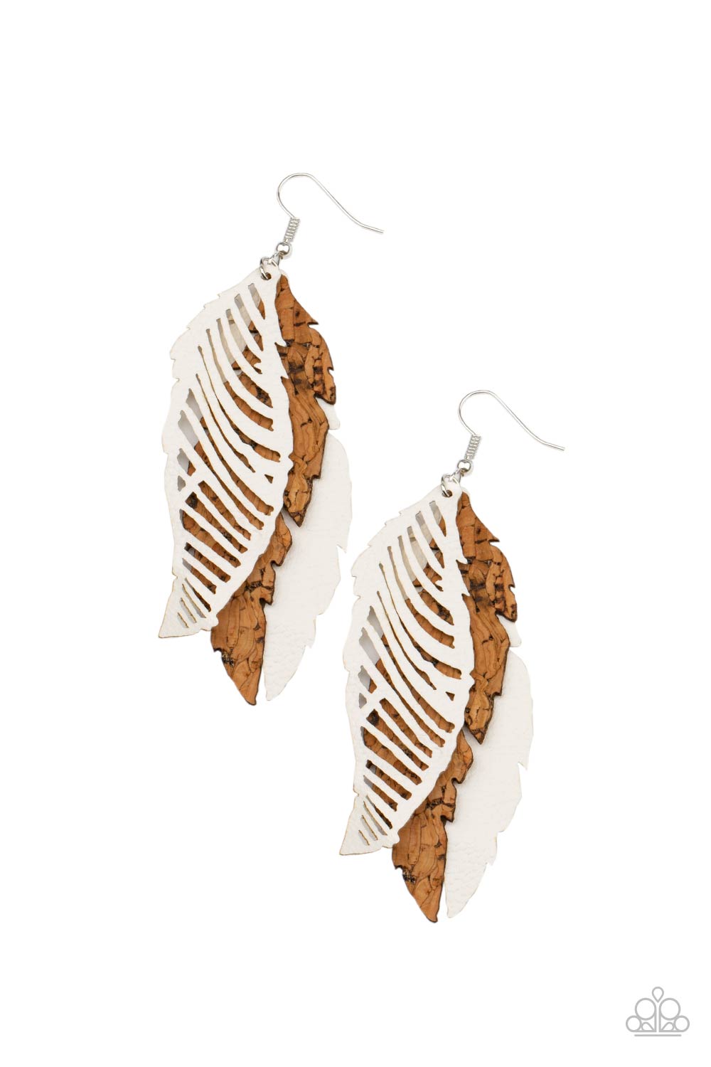 WINGING Off The Hook - White Leather & Brown Cork Earrings - Princess Glam Shop