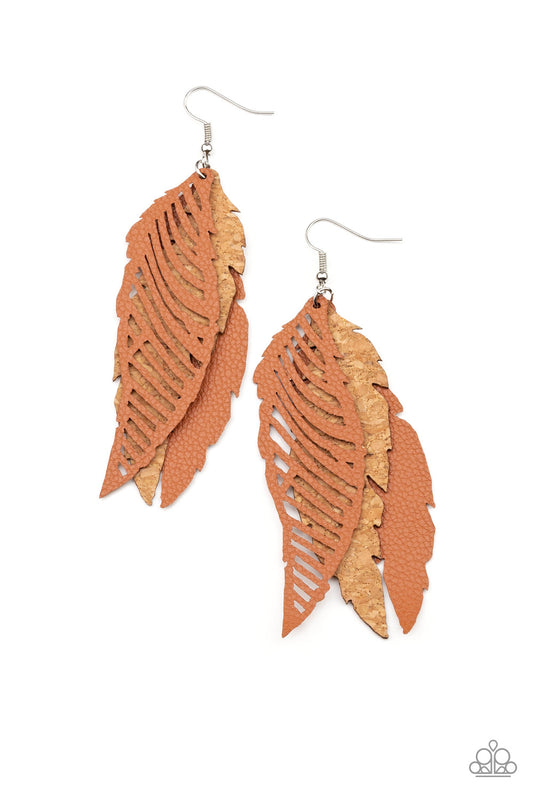WINGING Off The Hook - Brown Cork & Leather Earrings - Princess Glam Shop