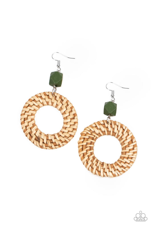 Wildly Wicker - Green & Brown Wood Earrings